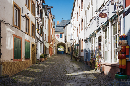 Bernkastel-Kues, Germany, April 21, 2015: a picturesque village with its typical timber framing houses along the Moselle riverのeditorial素材