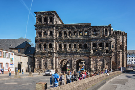Trier, Germany, April 21, 2015: The Porta Nigra  is a large Roman city gate in Trier, Germany.のeditorial素材