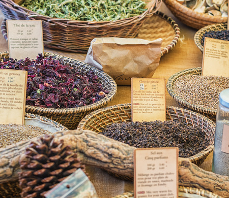 Vallon Pont d'Arc, France - September 22, 2016: delicious spices for sale on the market in Vallon Pont d'Arc.のeditorial素材