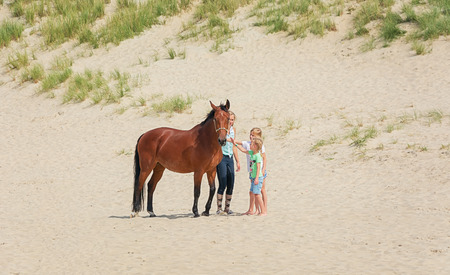 Texel, Netherlands, 1 August 2015: Horse with rider and two girls on the North Sea Texel beachのeditorial素材