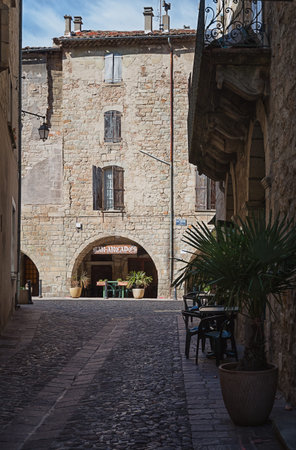 Largentiere, France, September 17, 2015: Image of restaurants in a streets in the center of Les Vans in the Ardeche region of Franceのeditorial素材