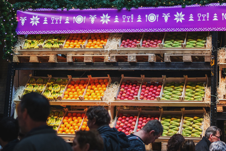 Utrecht, Netherlands, December 9, 2016:  Different types of fruit in crates displayed on the food festival.のeditorial素材