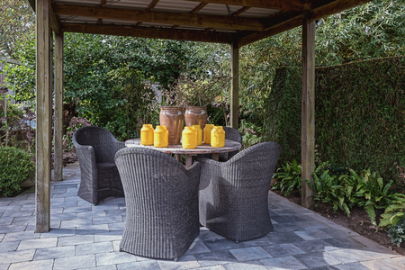 Appeltern, Netherlands, September 29, 2017:  gazebo furnished with a decorative garden setのeditorial素材