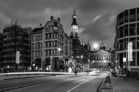 Amsterdam, The Netherlands, December 26, 2017: black and white picture of the Raadhuisstraat in the old town of Amsterdam with the back of the Royal Palace in the backgroundのeditorial素材