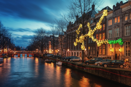Amsterdam, The Netherlands, December 26, 2017:  Light object above the Herengracht canal during the Light Festival in Amsterdamのeditorial素材