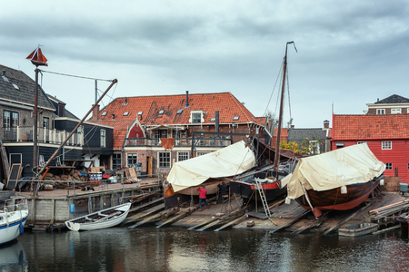 The wharf of the old fishing village Spakenburg in the Netherlandsのeditorial素材