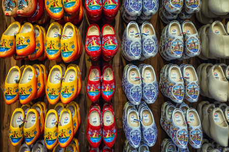 Zaandam, The Netherlands, August 4, 2017:  colorful clogs for sale in the souvenir shop.のeditorial素材