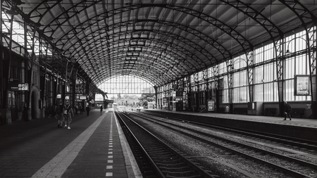 Haarlem, Netherlands, August 5, 2016:  The famous Haarlem train station with its elegant Art Nouveau architecture of glazed brick, natural stone ornaments and the gleaming lacquered wood carvingsのeditorial素材