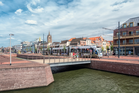 Delft, Netherlands, July 29, 2018:  The view of Delft at the exit of the Delft train station in The Netherlandsのeditorial素材