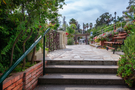 San Remo, Italy, September 18, 2018:  Beautiful blooming garden in front of a hotel in San Remoのeditorial素材