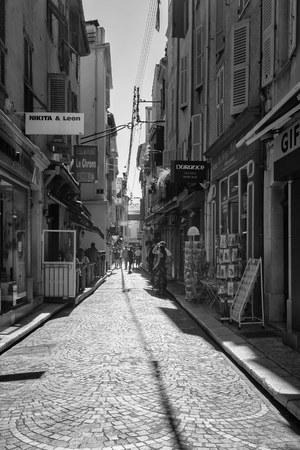 Antibes, France, September 11, 2018:  Black and white picture of the street Rue James Close in the old center of Antibesのeditorial素材