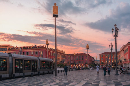 Nice, France, September 20, 2018:  On this photo five of the seven illuminated statues on Place Massena in the center of Nice made by the Spanish sculptor Jaume Plensaのeditorial素材