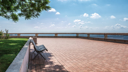 Bench along the promenade along the coast of the Mediterranean Sea of Monaco.