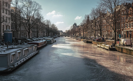 Amsterdam, Netherlands, February 12, 2021: Frozen canals in the center of Amsterdam.のeditorial素材