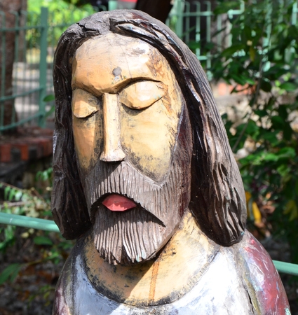 Wooden sculpture of Jesusの写真素材