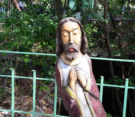Wooden sculpture of Jesusの写真素材