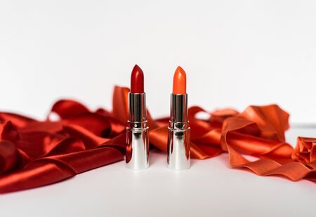 Fashion Colorful Lipsticks. Group of colorful lipstick on white background.の写真素材