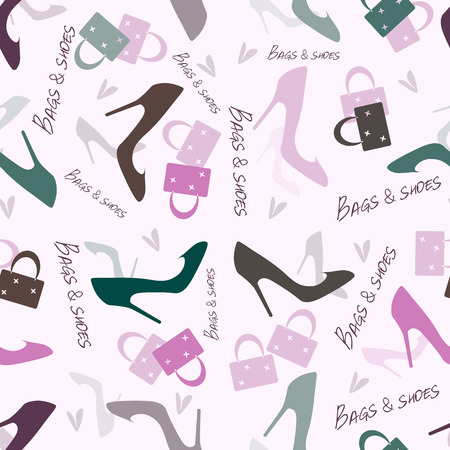 Seamless color pattern with lettering Seamless color pattern with women's shoes, bags, lettering and hearts on a light background.のイラスト素材
