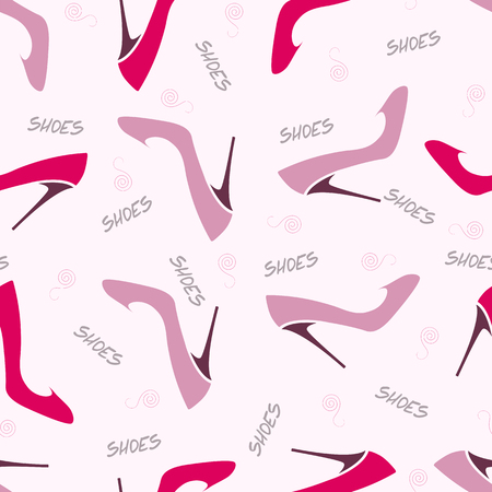 Pattern with pink and red shoes. Seamless pattern with women`s high-heeled shoes on a pink background Vector illustration.のイラスト素材