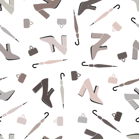 Seamless vector pattern with gray, beige and brown shoes, umbrellas and bags on white background.のイラスト素材