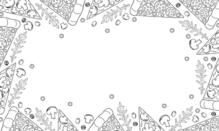 Pizza and ingredients. Hand drawn pizza menu design with space for text. Background: pizza, arugula, mushrooms, sausage, olives. Vector.のイラスト素材