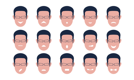 Set of male faces with emotions. Gesture. Emotions, joy, anger, fear, sadness, love. Vector illustration.のイラスト素材