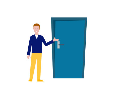 The man invites you in. Cartoon character man shows at the door and invites you to enter. Vector illustration, flat design.のイラスト素材