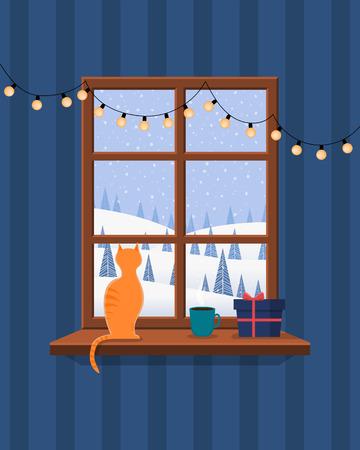 Christmas window overlooking the winter landscape. On the window there is a cat, a mug with a hot drink, a gift and a garland. Vector illustration.のイラスト素材