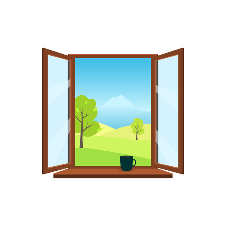 Open window on white background. Open window overlooking the spring landscape: meadows, mountains, trees. On the windowsill is worth a mug. Flat style vector illustration.のイラスト素材