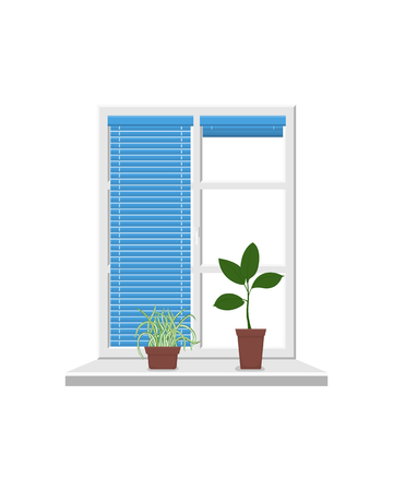 White window with blinds isolated on white background. On the windowsill flowers in pots. Vector illustration.のイラスト素材