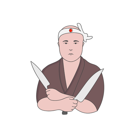 Japanese chef vector illustration. Cooking a knife with a kitchen knife on a white background.のイラスト素材