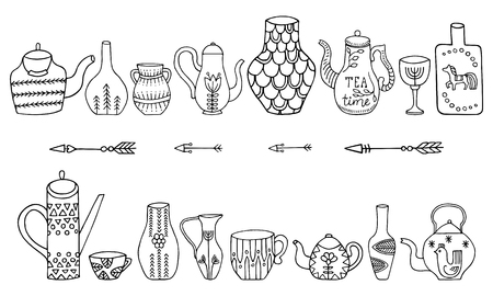 Set of teapots and jugs isolated on white background. Vector doodle collection.のイラスト素材