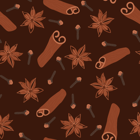 Cinnamon background. Cinnamon seasoning on a brown background. Seamless vector pattern.のイラスト素材