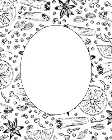 Spices oval frame. Hand-drawn spices, herbs, fruit. Vector background for design.のイラスト素材