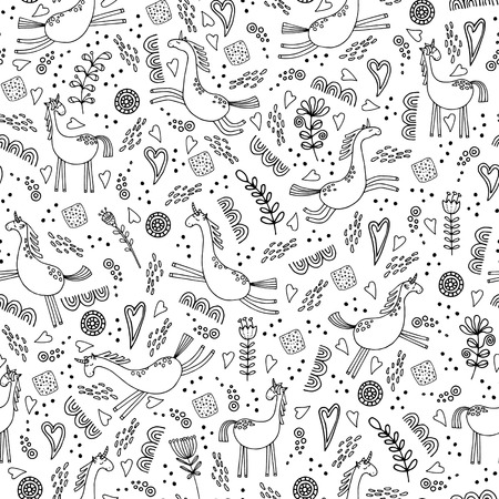 Hand drawn seamless pattern with unicorns. Black and white vector illustration. Baby cute pattern.のイラスト素材