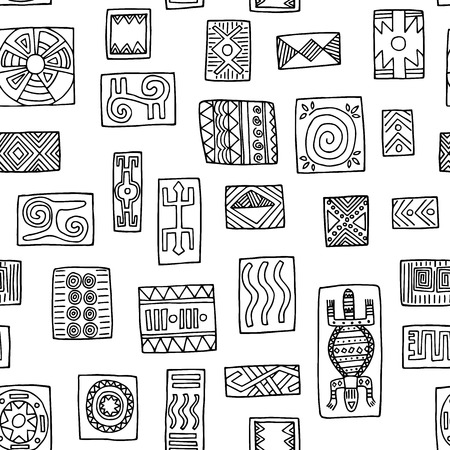 African tribal seamless pattern. Painted black and white background in ethnic style.のイラスト素材