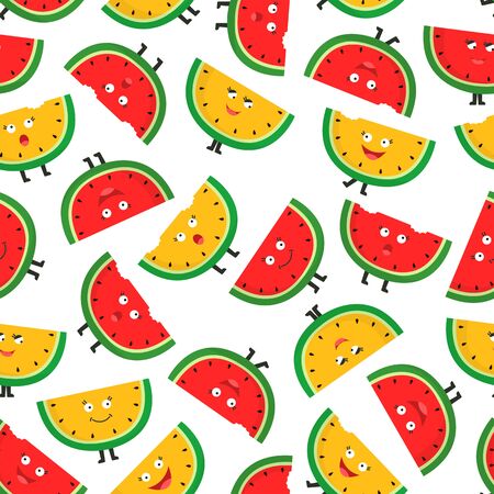 Seamless pattern with ripe watermelon slices. Cute cartoon character. Fruit colorful background.のイラスト素材