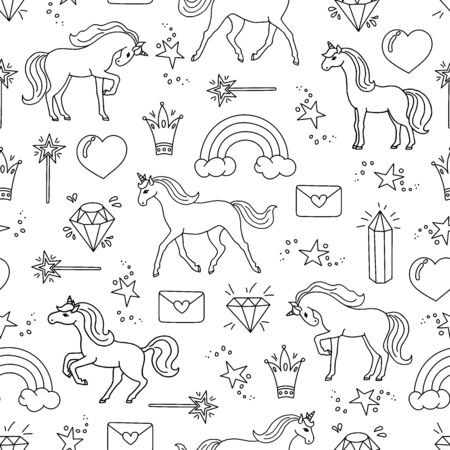 Hand drawn seamless pattern with unicorns. Black and white cartoon pattern with different elements.のイラスト素材