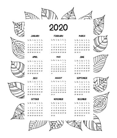 Calendar for the year 2020 with hand drawn decorative leaves.のイラスト素材