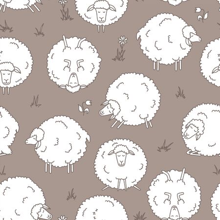 Seamless pattern with cute sheep. Hand-drawn white sheep, flowers and grass.のイラスト素材