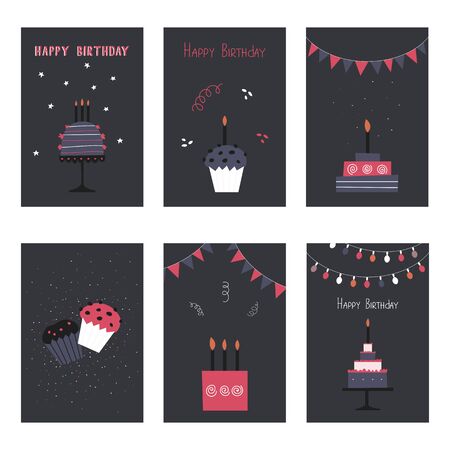 Set of invitation cards to the birthday with cake, cupcake, candles and garlands. Birthday party greeting cards.のイラスト素材