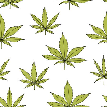 Seamless pattern with cannabis leaves. Hand drawn marijuana leaves on a white background.のイラスト素材