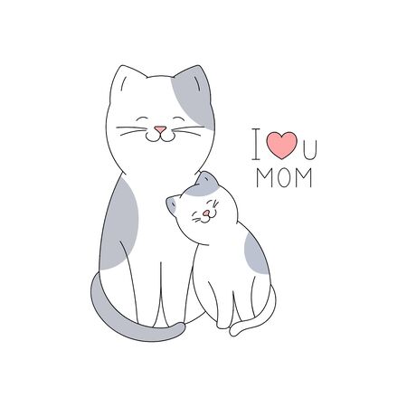 Drawn mother cat and baby kitten on a white background. Mother's day greeting card in cartoon style.のイラスト素材