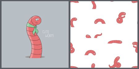 Illustration and seamless pattern with cute worm. Hand drawn little worm for your design.のイラスト素材
