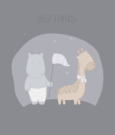 Hand drawn hippopotamus and giraffe are best friends vector illustration.のイラスト素材