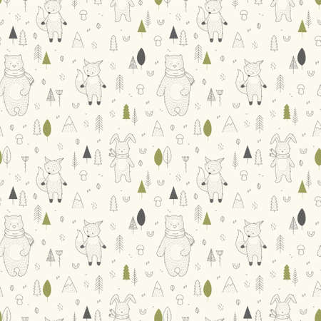 Hand drawn wild animals in forest seamless pattern.のイラスト素材