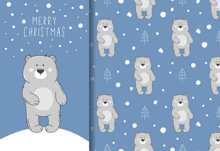 Seamless pattern witn gray bear and snow and Merry Christmas greeting card. Cute winter pattern.のイラスト素材