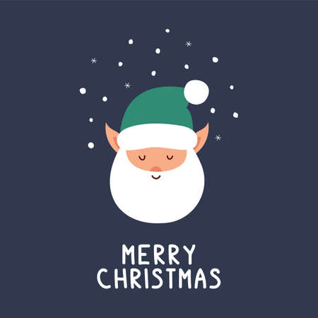 Greeting card with elf and Merry Christmas congratulation phrase.のイラスト素材