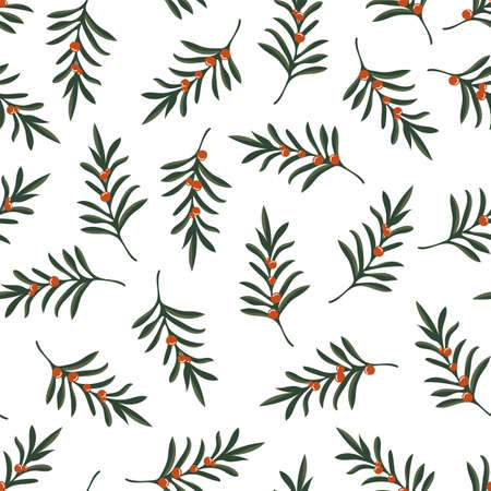Christmas seamless pattern with twigs and berries on white. Holiday floral background.のイラスト素材