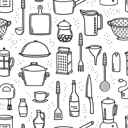 Cooking utensils and kitchen tools seamless doodle background on white.のイラスト素材